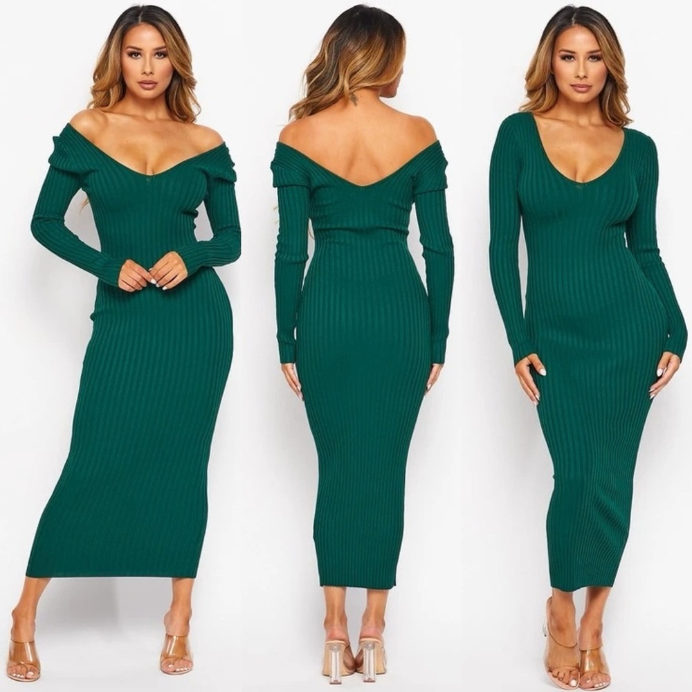 💚 LAST ONE 💚 Sexy Elegant Ribbed Knit Long Sleeve Bodycon Midi Dress